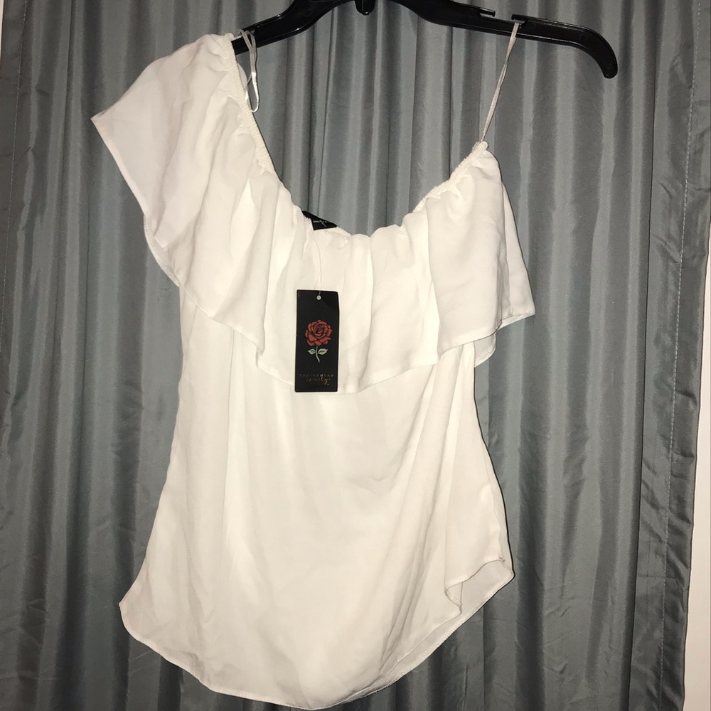 White sheer one shoulder top . Small